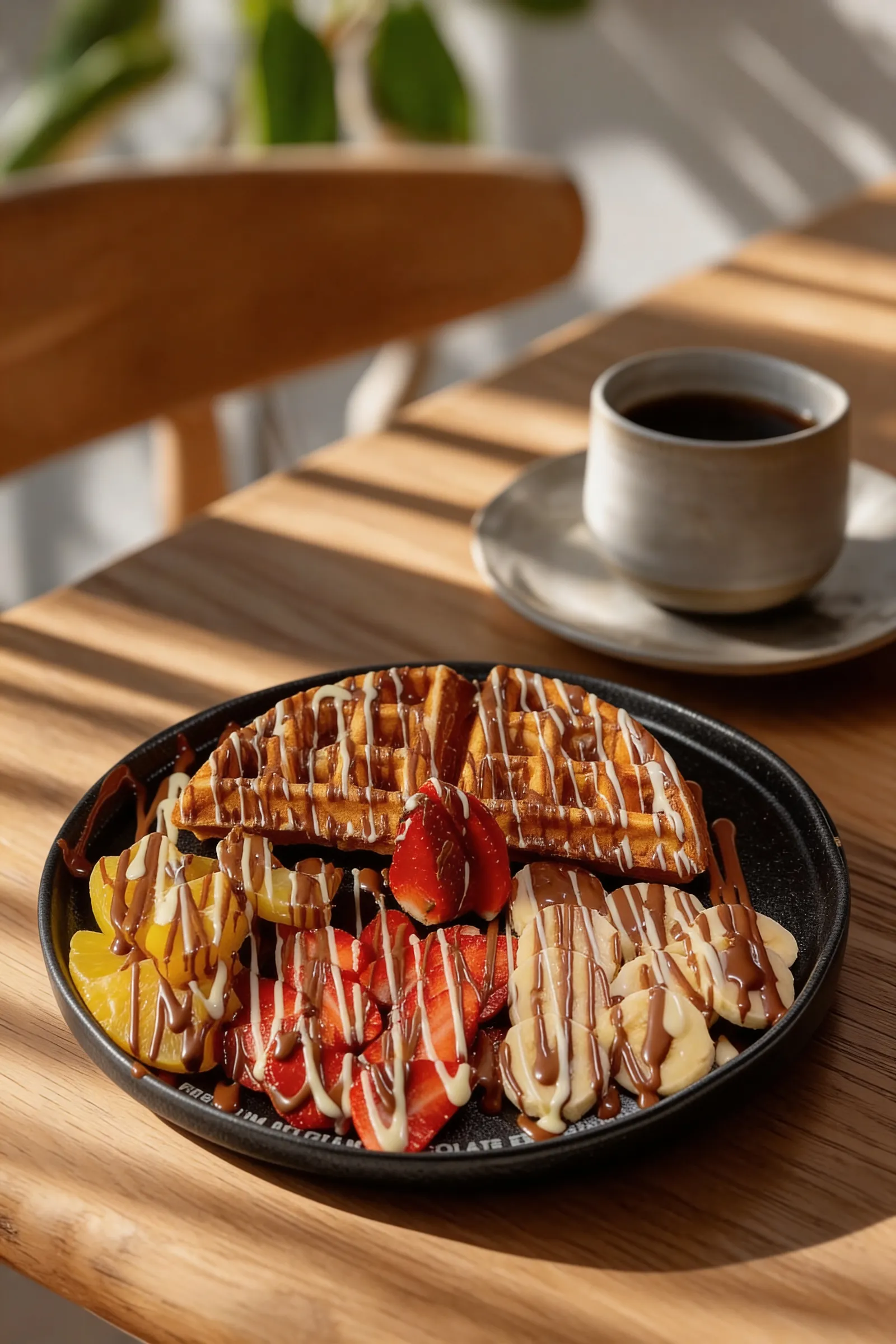 Chocolate-drizzled crepe served with coffee