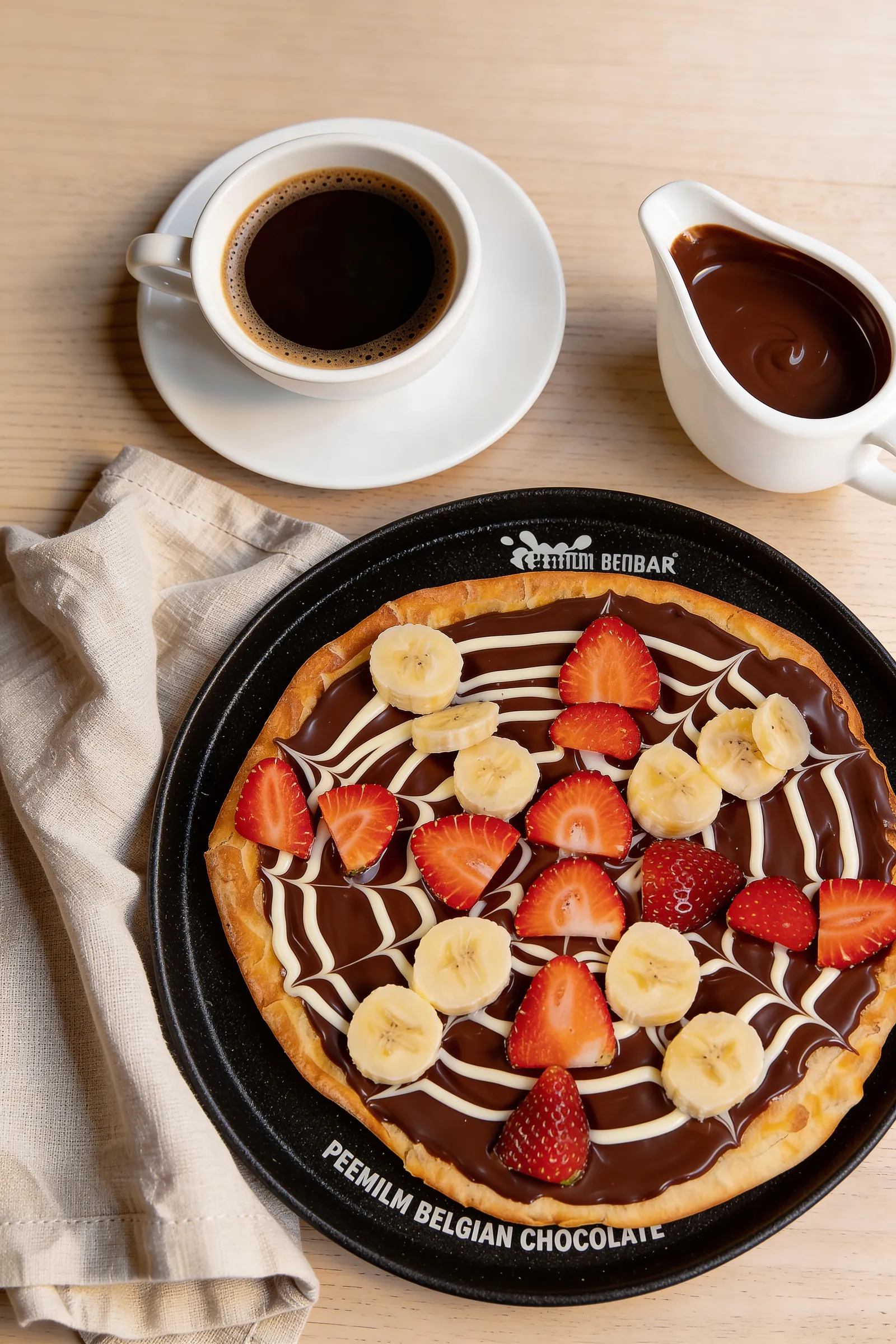 Signature chocolate pizza topped with fresh strawberries