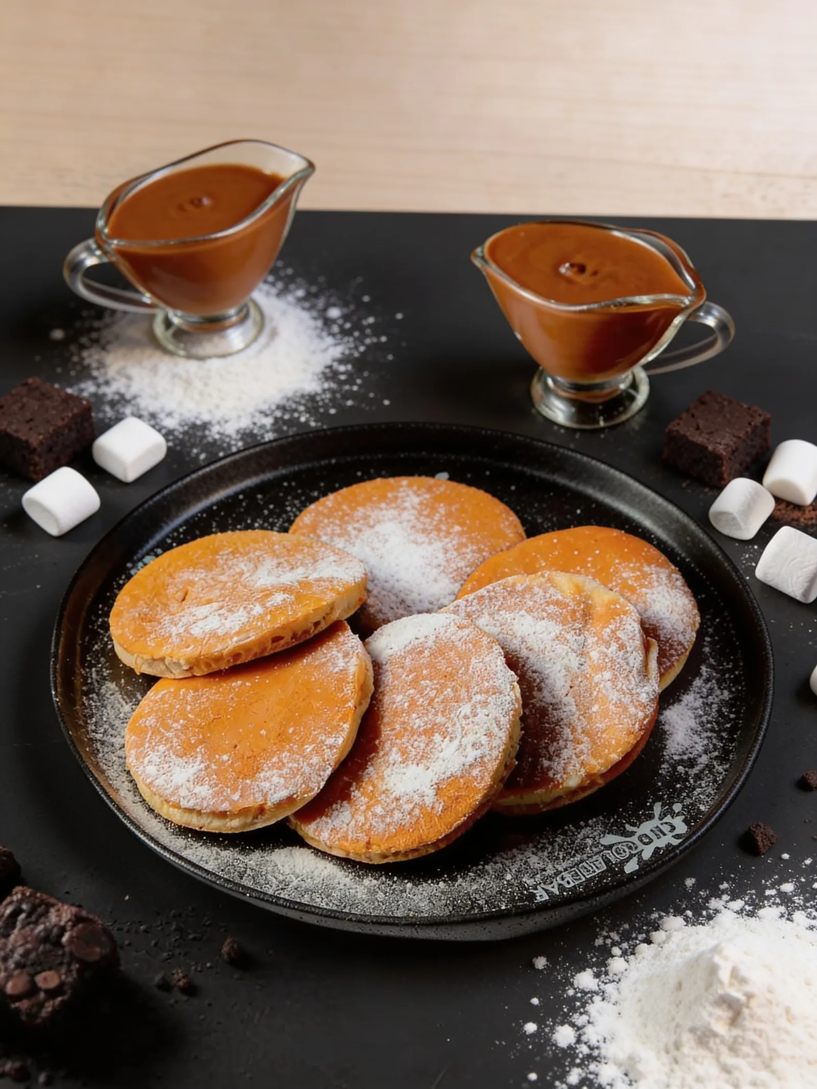 Mini pancakes dusted with sugar and chocolate dips
